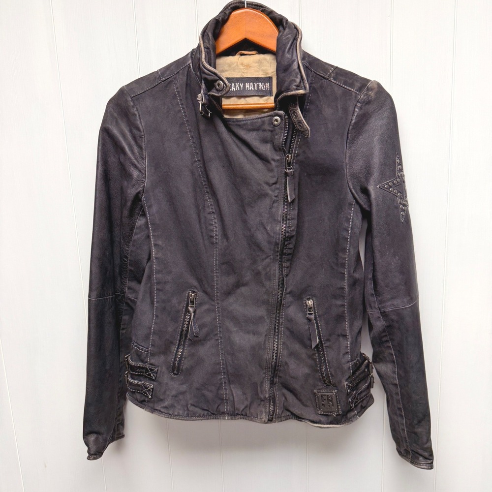 Freaky Nation Womens Denim Leather Moto Jacket Studded Star Black Gray Size S/ M